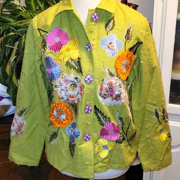 Alex KIM Boho TEXTURED JACKET Applique Embroidered WEARABLE ART P/M - Picture 2 of 6